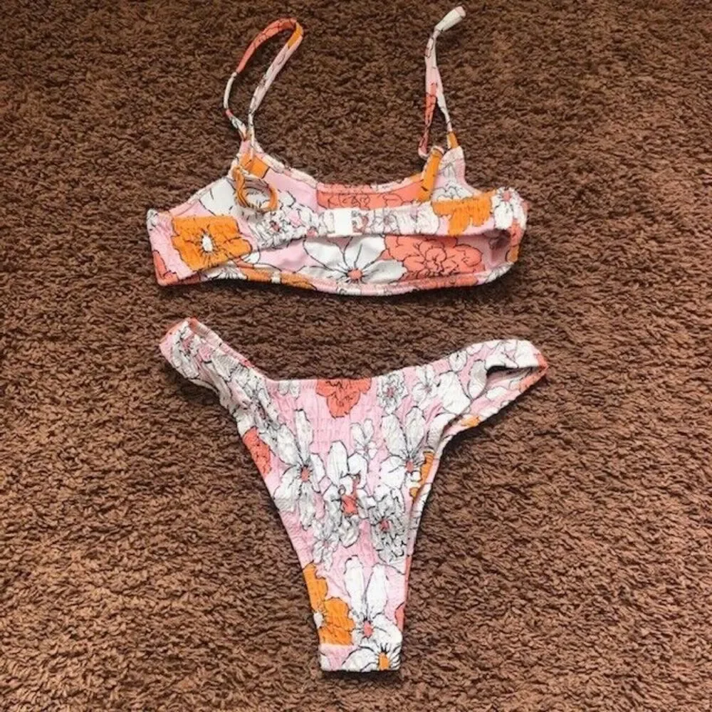VOLAFA Women's Smocked Ruched Triangle Bikini Print Swimsuit Set 2 Piece Small‎